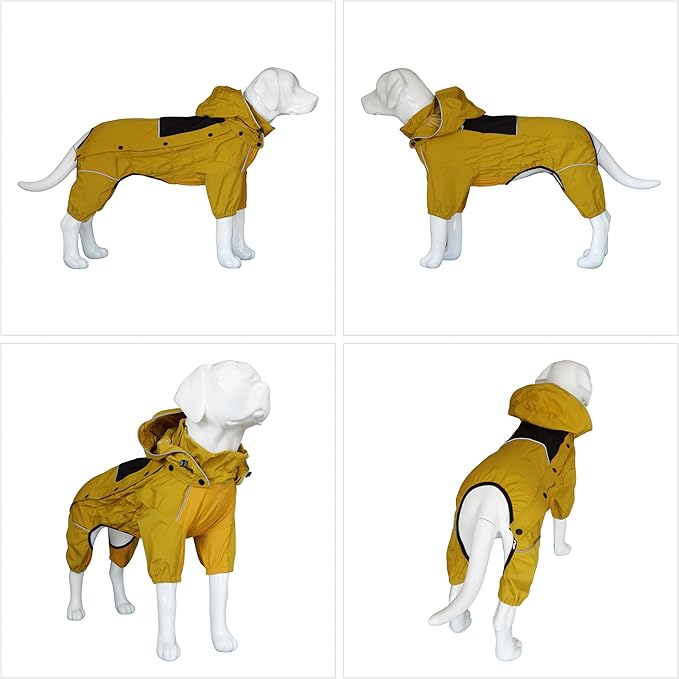 LOVELONGLONG Waterproof Dog Raincoat with Removable Hood – Outdoor Full Body Dog Jacket, Windproof Snowproof Shell Suit – All Season Pet Rain Gear Mustard Yellow S