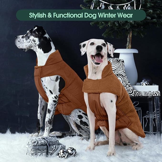 Kuoser Reversible Dog Coat – Warm Fleece & Quilted Waterproof Dog Jacket, Double-Sided Cold Weather Dogs Winter Coat with Harness Hole, Windproof Pet Snow Vest for Small Medium Large Dogs, Brown M