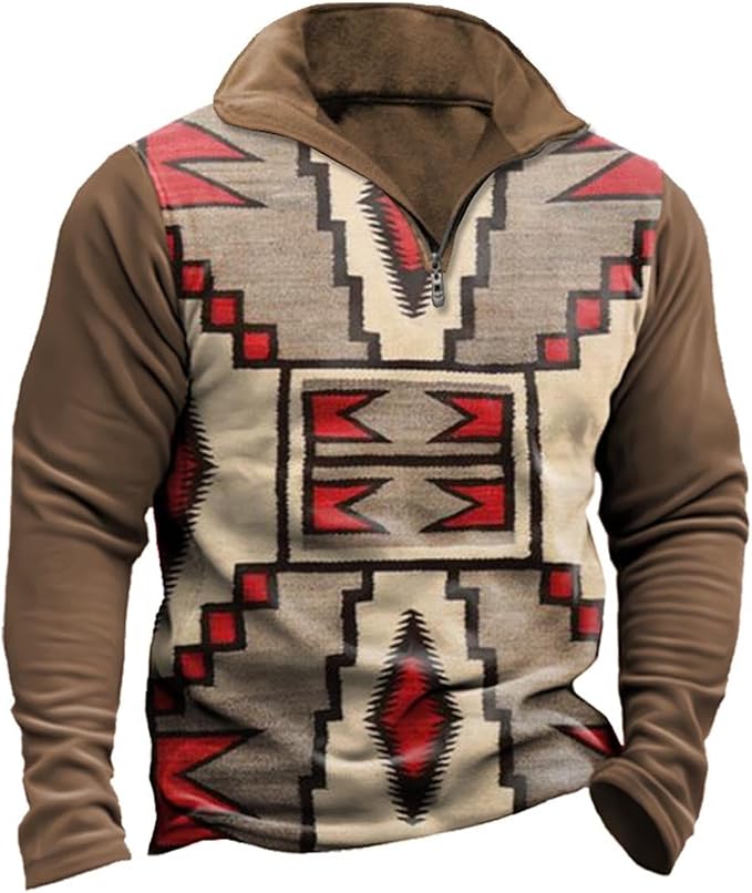 HOTYD Aztec Cowboy Mens Hoodie Vintage Graphic Western Hoodies Casual Long Sleeve 1/4 Zip Pullover Mens Country Jacket