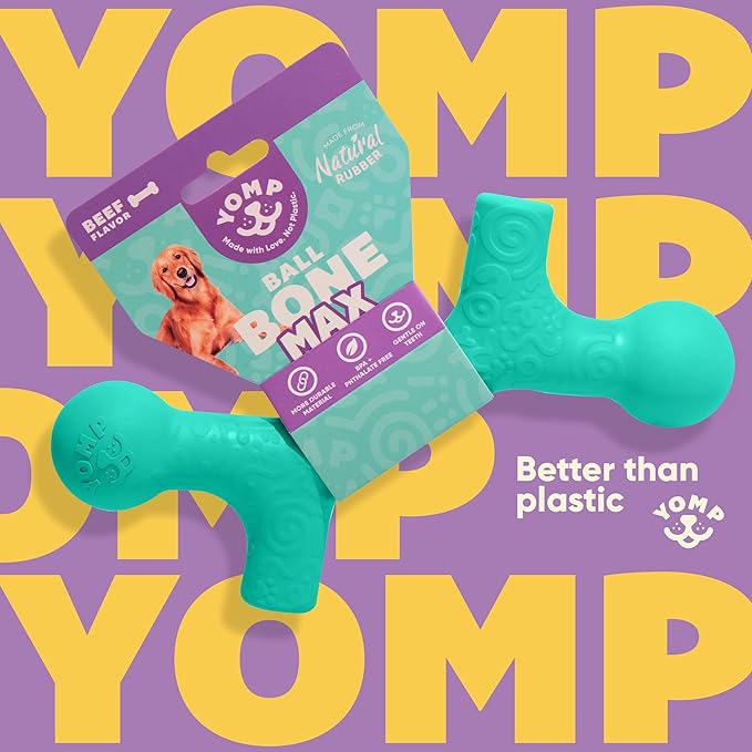 Yomp BallBone MAX: All-Natural Rubber Dog Toy, Nontoxic, Safe for Pet Play (Teal)