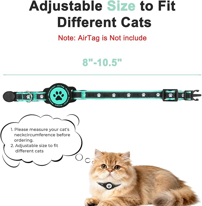 Airtag Cat Collar Breakaway, Reflective Cat Collar with AirTag Holder and Bell, Compatible with Apple Air Tag, Comfortable Padding, Adjustable, Durable (Turquoise, XS)