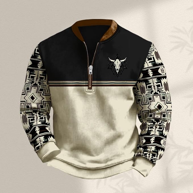 HOTYD Aztec Cowboy Jacket Men Vintage Bullhorn Printed Oversized Western Sweatshirt Long Sleeve Quarter Zip Pullover