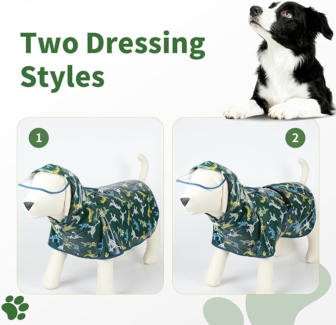 Dog Raincoat, Waterproof Windproof Dog Rain Jacket with Hood, Rain Coat with Leash Hole, Adjustable Raincoat Poncho for Small Medium Large Dogs Outdoor (Green, Small)