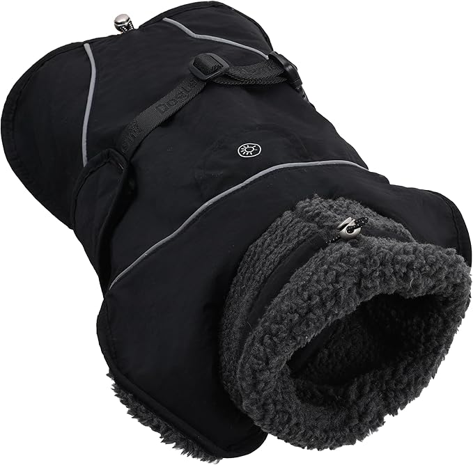 Adjustable Dog Coat with Harness Slot, Waterproof Fleece Lined Winter Jacket, Windproof Reflective Pet Vest for Cold Weather for Small Medium Large Dogs (Black, Large)
