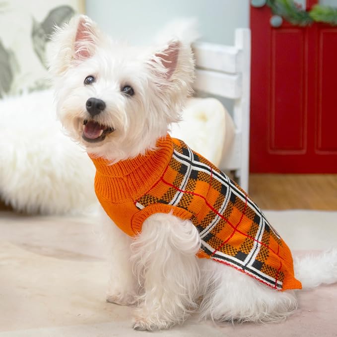 PUPTECK Dog Sweaters for Large Medium Small Dogs - Fall Classic Plaid Style Puppy Holiday Winter Coat Clothes Warm, Reddish Orange, XL