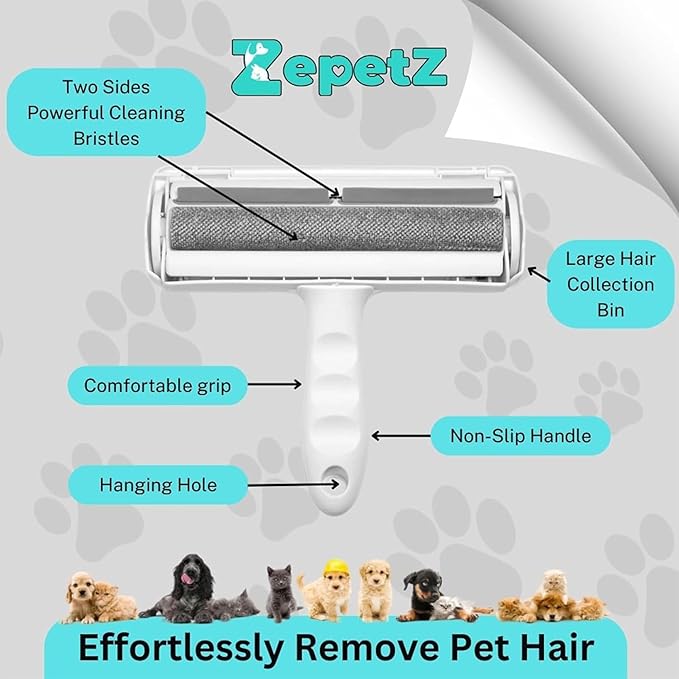 Pet Hair Remover Roller โ Reusable Self-Cleaning Fur Removal Tool for Dogs & Cats โ Ergonomic & Eco-Friendly Lint Roller for Couch, Carpet, Bed, Car Seat & More (White)