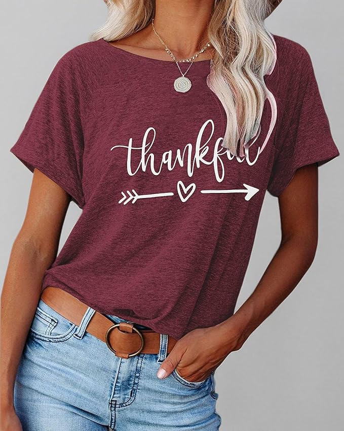 NIUBIA Women's T Shirts Summer Tops Simple Heart Graphic Shirts Sayings Short Sleeve Vacation Casual Blouse Thankful Tee