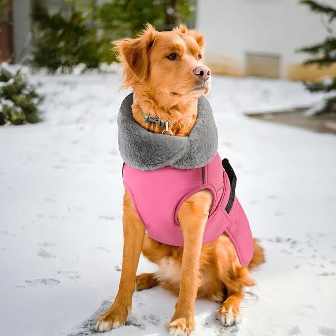 PETDSH Dog Coat Medium, Windproof Dog Jacket with Warm Fleece Lining, Thickened Collar Dogs Winter Coat, Adjustable Reflective Pet Coats for Cold Weather (Pink, Medium)