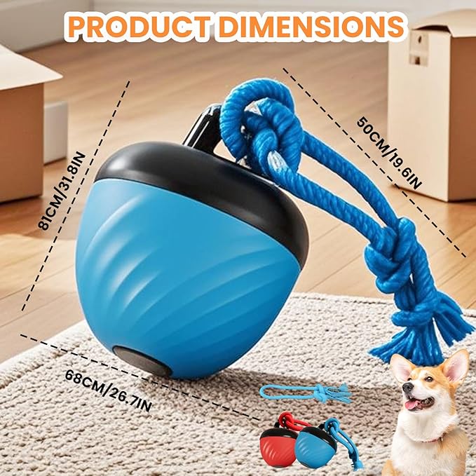 Interactive Dog Toys Ball, 2026 New Smart Pet Puppy Ball with Ropes, Random Path Electric Automatic Moving and Rolling Dogs Toy, for Small Medium Large Dogs Daily Training (Blue+Red)