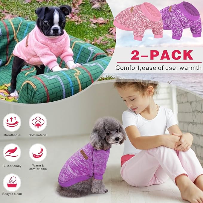 2 Pieces Pet Dog Classic Knitwear Sweater, Fleece Coat for Small,Medium Dogs,Warm Pet Dog Cat Clothes,Soft Puppy Customes for Chihuahua Yorkshire Tzu (Pink Purple,L)
