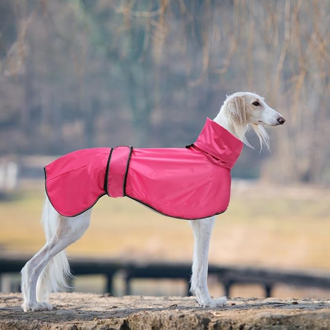 Dog Raincoat with Reflective Bar, Rain/Water Resistant, Adjustable Vest - Dog Raincoats for Greyhounds, Lurchers and Whippets - Pink - M