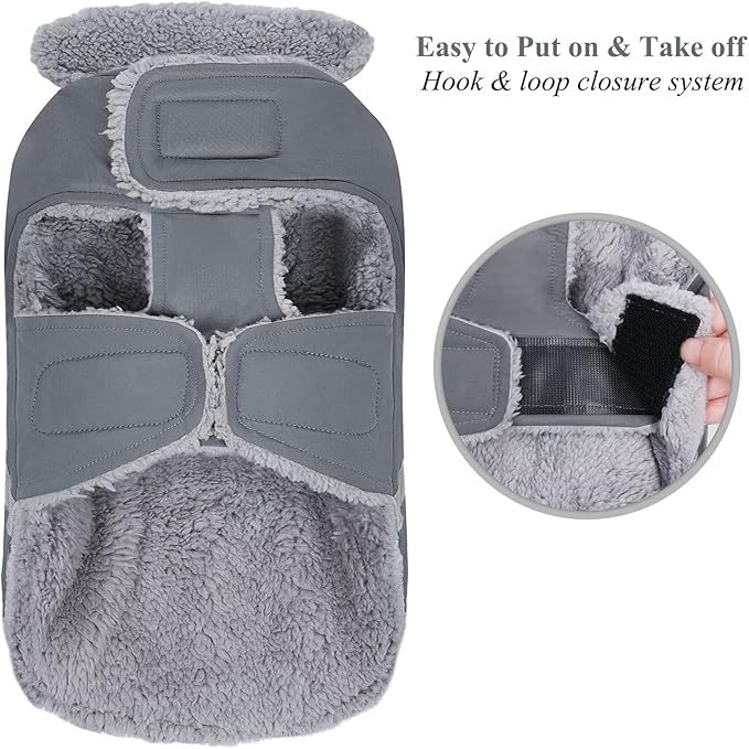 VIVAGLORY Frostfit Dog Coat, Dog Jacket for Winter & Cold Weather, Warm Fluffy Fleece Lined Water Resistant Reflective for Puppy, Coat with Velcro Fastening & Leash Hole, S, Grey