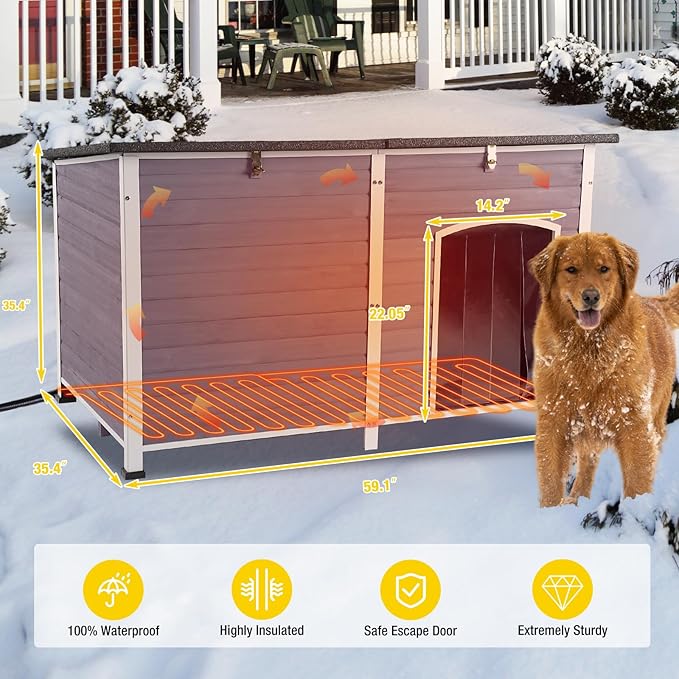 Aivituvin Large Heated Dog House, Outdoor Kennel with Insulation Liner, 59 Inch, Iron Frame Construction, Winter Weatherproof Design, Built-in Heater,Grey