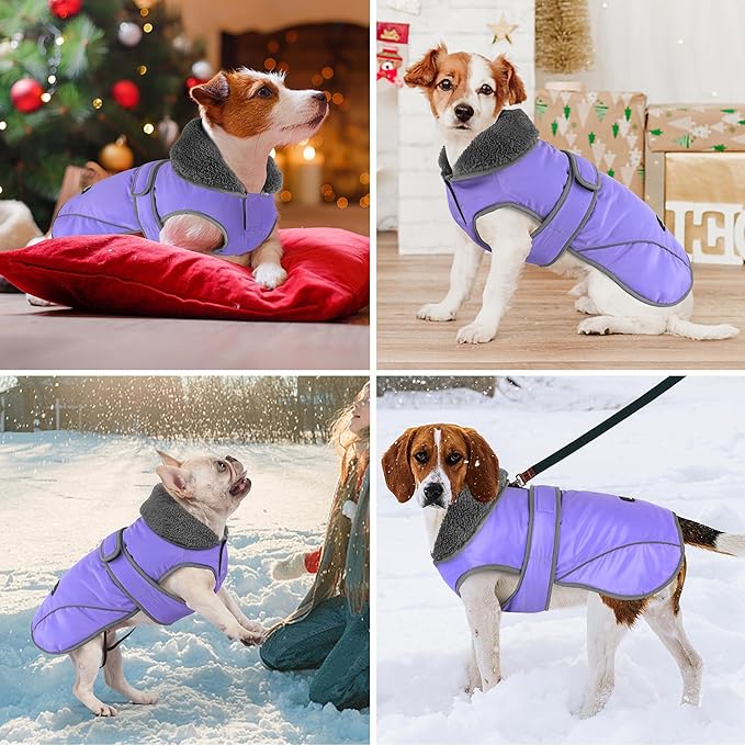 Dogcheer Dog Coat, Waterproof Dog Jacket Reflective Pet Winter Coat with Adjustable Hook & Loop, Christmas Puppy Fleece Jacket Warm Turtleneck Snowsuit for Small Medium Large Dogs - Taro Purple, M