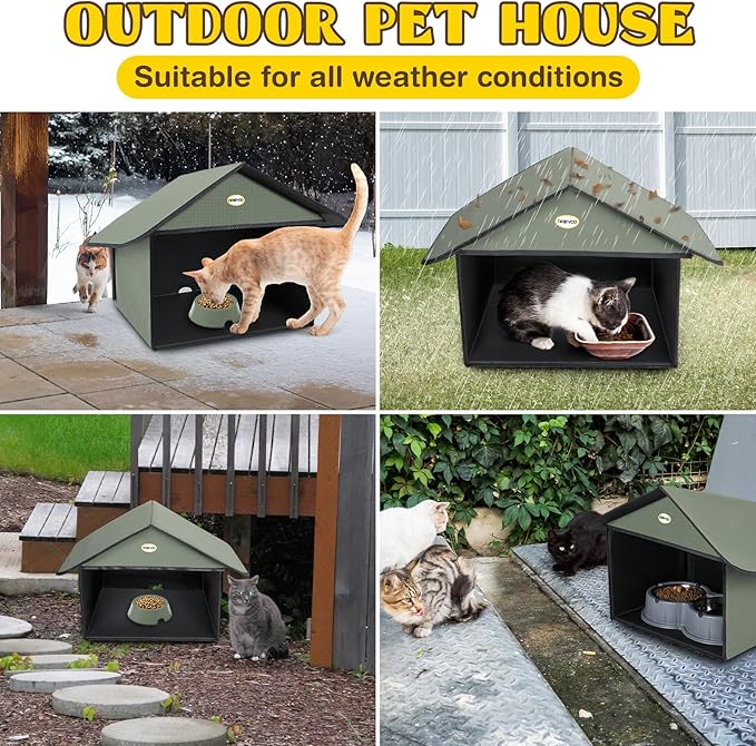 Dreyoo 2 Pack Outdoor Cat Feeding Station for Food & Water, Weatherproof Outdoor Kitty Dining Room Cat Shelter for Stray, Feral Cats and Community Cats, 13”d x 17”w x 15.5'h (Dark Green)