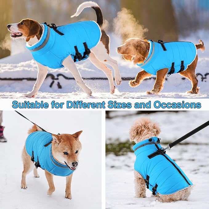 Dogcheer Dog Coat with Harness, Waterproof Dog Jacket Adjustable Pet Winter Coat with Zipper, Christmas Puppy Snow Jacket Fleece Sweater for Small Medium Large Dogs - Sky Blue XL