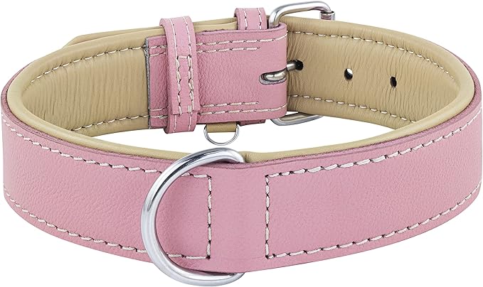 Riparo Genuine Leather Pink Dog Collar Heavy Duty K-9 Adjustable Dog Collar (M: 1” Wide for 13.5”-17.5” Neck, Pink)