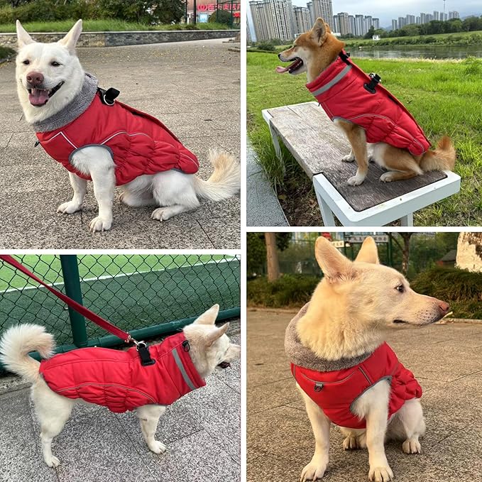 Malier Dog Coat, Reflective Dog Jacket Waterproof Windproof Puppy Cold Weather Coats with Harness Built in, Winter Extra Warm Pet Coat Fleece Vest for Small Large Pets and Puppy (Red, X-Large)