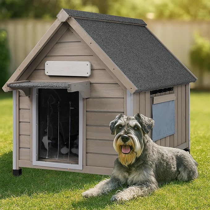 Dog House Outdoor Weatherproof,Wooden DogHouses for Medium Small Dogs, Indoor & Outdoor with Anti-Chewing Iron Frame, Ventilated Window, Easy Assemble, 26" L x 32" W x32 H