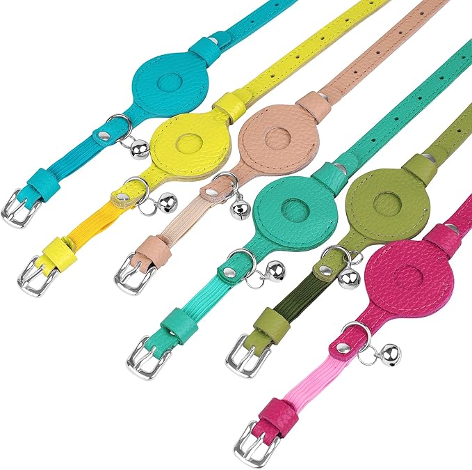 OOPSDOGGY Cat Collar for AirTag Holder, Leather Kitten Collars with Elastic Strap & Bell, Non Breakaway Adjustable Small Pet Collars for Indoor & Outdoor for Boy, Girl (Yellow)