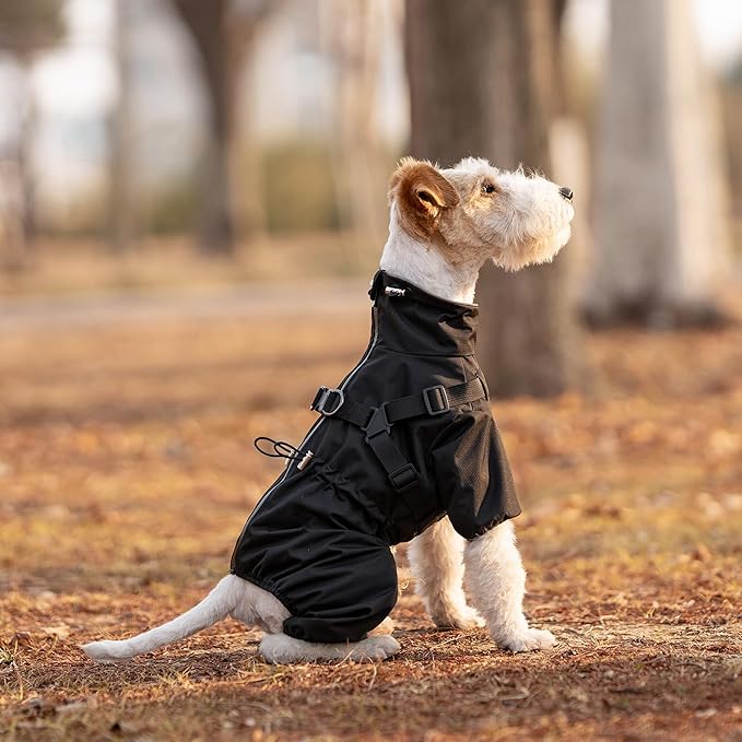 Mile High Life Waterproof Dog Raincoat, Full Coverage Small Dog Rain Coat with Harness, Adjustable 4 Legs Puppy Rain Jacket with Reflective Strip and Elastic Cuffs (Black, S Back Length 13")