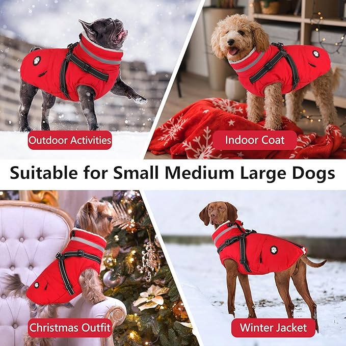 Dogcheer Dog Coat with Harness, Waterproof Dog Jacket, Christmas Puppy Winter Coat with Pocket, Reflective Doggy Turtleneck Puffer Vest for Small Medium Large Dogs - Red, XS