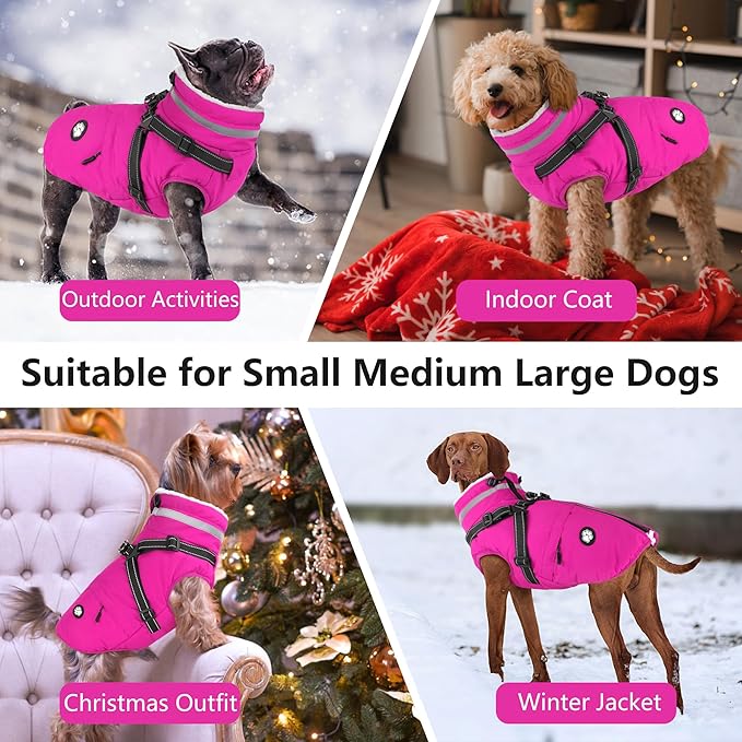 Dogcheer Dog Coat with Harness, Waterproof Dog Jacket Christmas Pet Winter Coat with Pockets, Reflective Doggy Turtleneck Fleece Jacket for Small Medium Large Dogs - Pink, L