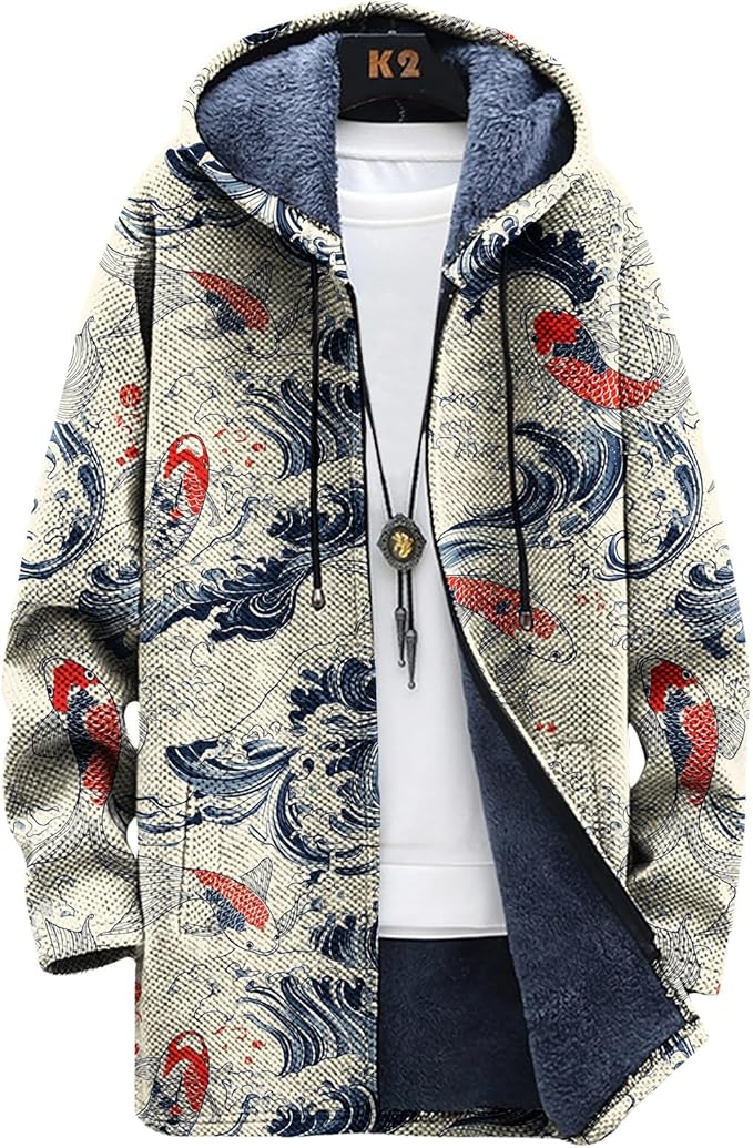 Mens Long Cardigan Hoodies Full Zip Fleece Lined Jackets Fashion Knitted Color Block Hooded Coat with Pockets