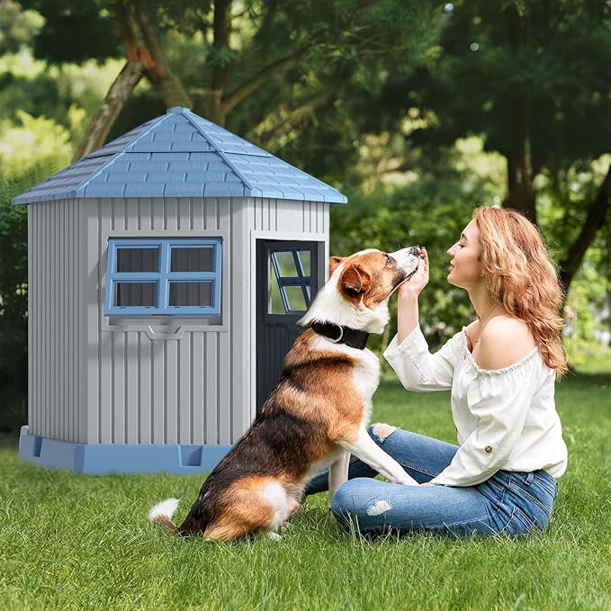 EasyUp Dog House Outdoor Resin Puppy Shelter with Air Vents and Elevated Floor, Sturdy Durable Waterproof Dog Kennel for Small Medium Large Sized Dogs (34.8 * 30.51 * 36.89in,Blue)