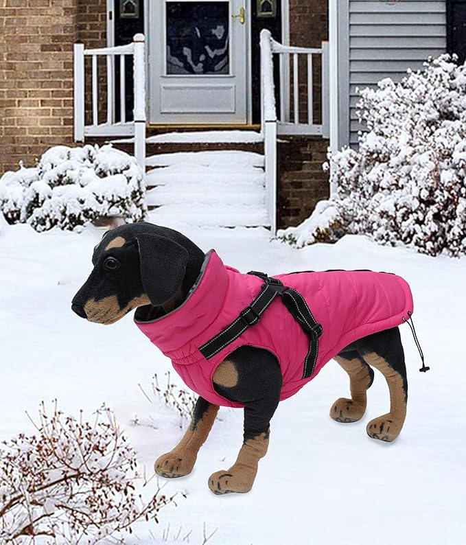 Winter Warm Coat Geyecete Waterproof Dog Jacket with Harness Traction Belt,Pet Outdoor Jacket Autumn and Winter Clothes for Medium, Small Dog-Pink-L