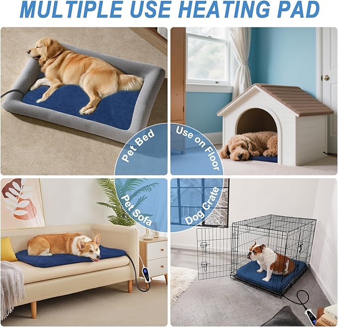 Bestio Dog Heating pad 28×18 in Waterproof Heating Pad for Dogs Adjustable Thermostat (1-24 Hours) and Chew Resistant Steel Cord- Blue