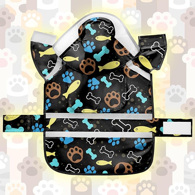 Dog Raincoat, Adjustable Rain Jacket with Hooded Double Layer for Large Medium Small Dogs Puppies, Lightweight Waterproof Rain Coat Poncho with Reflective Stripe Paw Print Black,XXL