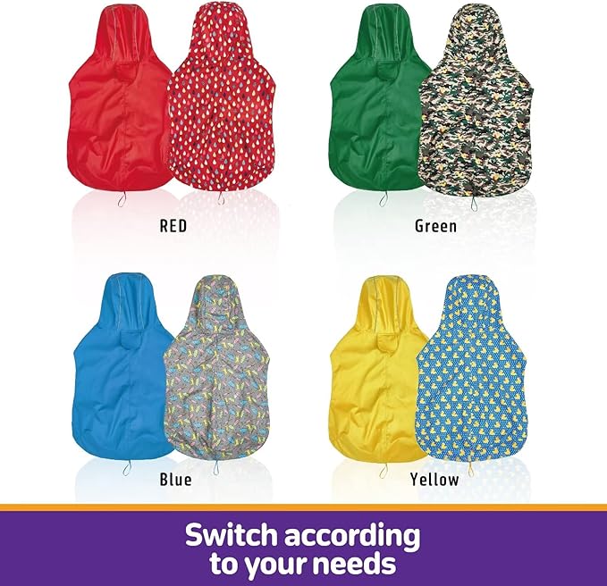 Dog Raincoat Reversible, Single Side Slicker Poncho Adjustable Waterproof Dog Rain Jacket with Leash Hole/Reflective Stripe Hooded Snowproof Windproof Clothes for Small to 3X-Large Dogs, M