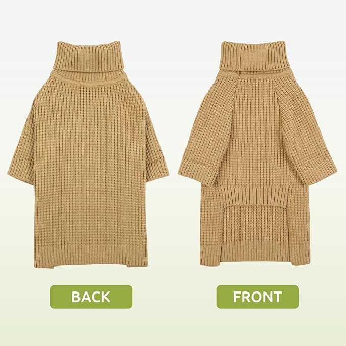 Queenmore Dog Sweater, Turtleneck Long Sleeve Knitted Dog Sweater with Check Pattern, Fall Winter Warm Pet Sweaters, Solid Pull-on Pet Sweater for Cats, Brown XS