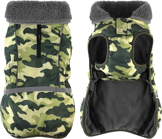 Dogcheer Warm Dog Coat, Waterproof Dog Jacket Reflective Adjustable Puppy Winter Coat with Buckle, Christmas Pet Snow Jacket Turtleneck Fleece Sweater for Small Medium Large Dogs- Camo Green, 3XL