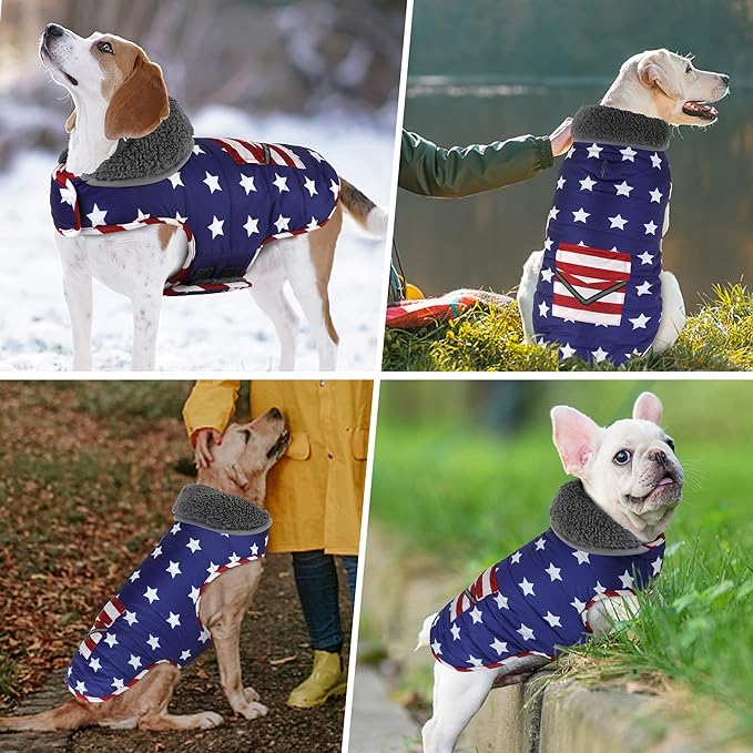 Dog Coat, Waterproof Dog Winter Jacket with Pocket, Reflective Adjustable Pet Snow Vest, Warm Cozy Fleece Sweater for Small Medium Extra Large Dogs - American Flag, 2XL
