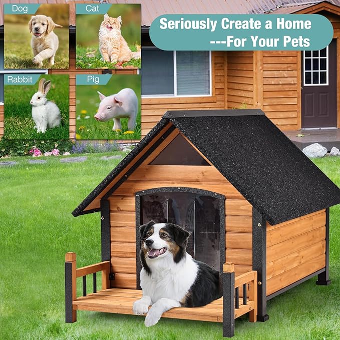 Dog House with Heating Pad, Weatherproof Outdoor Kennel for Large Dogs, Chew-Resistant Iron Frame & Asphalt Roof (Wood, XL)