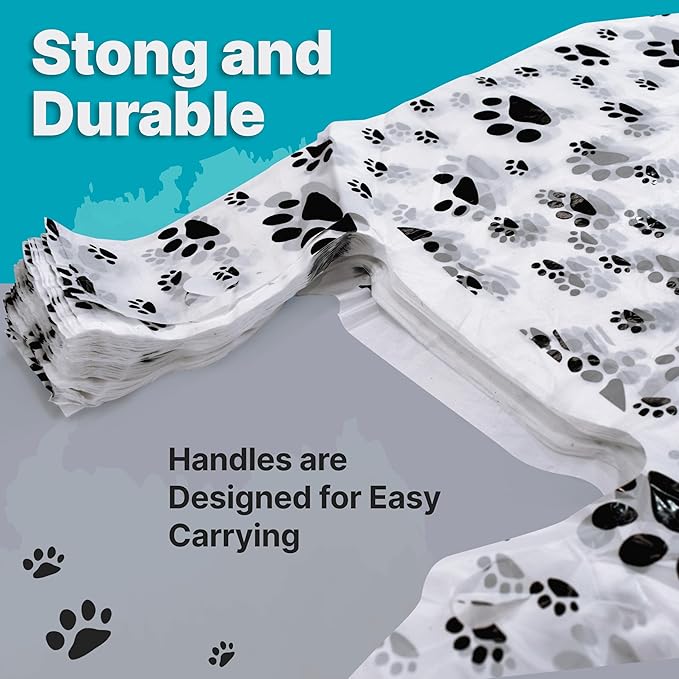 T-Shirt Bags – Paw Print Design - 50 Pack - Thank You & Shopping Bags - Cat or Dog - 22" L x 12" W x 7" Plastic (White, 50)