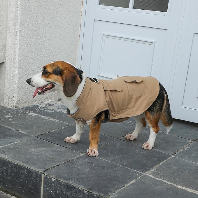 Workwear Style Dog Coats with Harness Built in for Small Dogs Windproof Warm Puppy Jacket with Storage Pockets for Cold Winter,LightBeige XXL