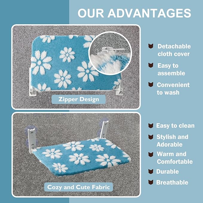 Cat Window Perch, Foldable Cat Window Hammock with Cute 3D Textured Flower Cover, Breathable Mesh Cover and Strong Suction Cups, Cordless Window Seat Bed for Indoor Cats (Blue, Medium)