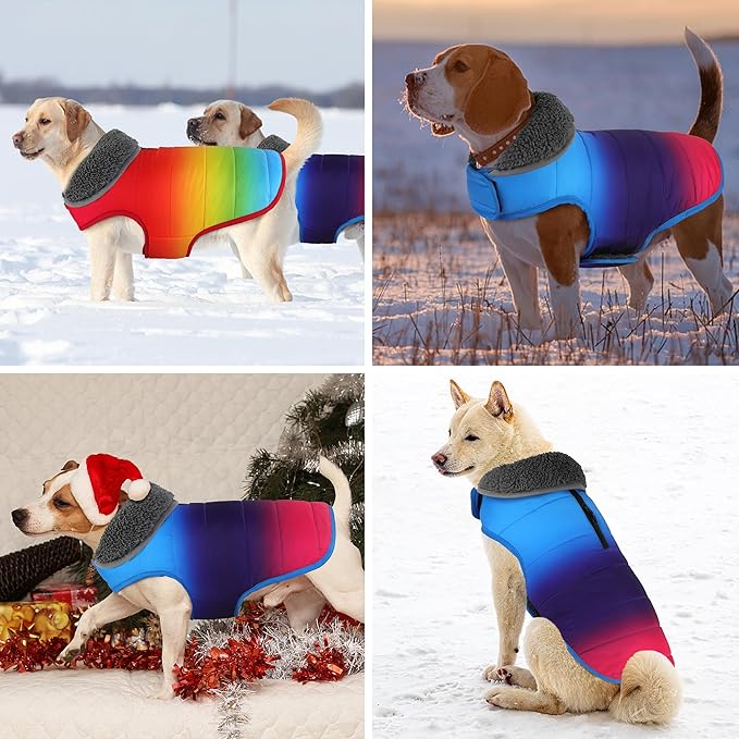 Dog Winter Coat, Waterproof Dog Jacket with Leash Hole, Reflective Adjustable Pet Snow Vest, Warm Fleece Sweater for Small Medium Large Dogs - Gradient Blue, S