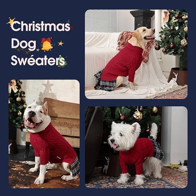 IECOii Girl Dog Sweater Dress - Cable Knit Dog Sweater for Small Dogs Girl - Red,Medium, Turtleneck Pullover Sweaters with Tartan Plaid Skirt, Adorable Warm Dog Knitted Dress for Christmas