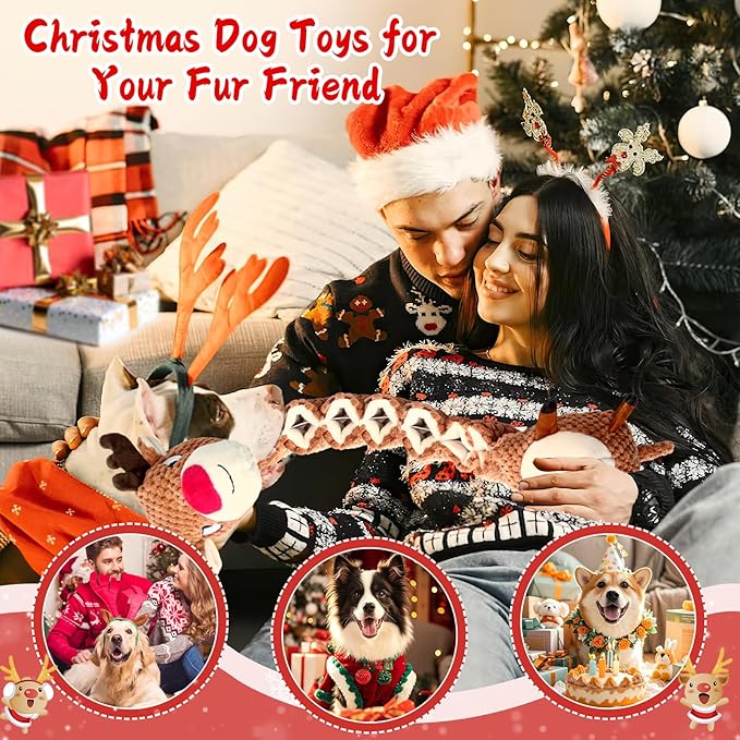 Christmas Dog Toys for Large Dogs:Squeaky Tug of War Interactive Dog Toys with Crinkled Paper-Plush Puppy Toys Keep Them Busy