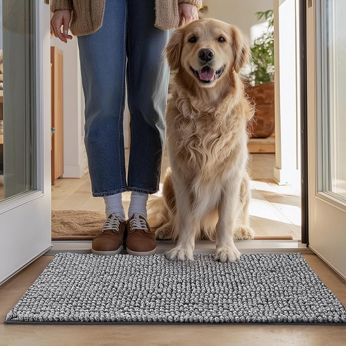 EHEYCIGA Super Absorbent Dog Door Mat for Muddy Paws 48x30 Inch Indoor, Front Doormat Outside Entrance, Quick Dry Chenille Washable Dog Crate Bed, Non-Slip Pet Rug Mud Mat Outdoor Entryway, Grey