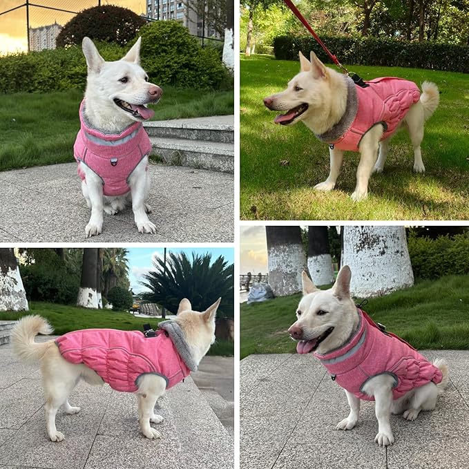 Malier Dog Coat, Reflective Dog Jacket Waterproof Windproof Puppy Cold Weather Coats with Harness Built in, Winter Extra Warm Pet Coat Fleece Vest for Small Large Pets and Puppy (Pink, XX-Large)