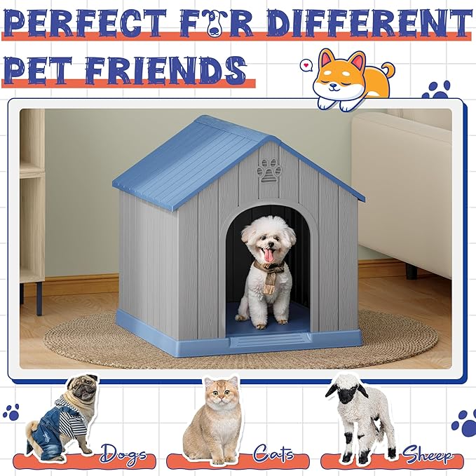 Dog House Outdoor Indoor, Plastic Small Dog House-Weatherproof & Insulated Design with Air Vents & Elevated Floor for Small to Medium Dogs, Easy Clean and Assemble (Blue)