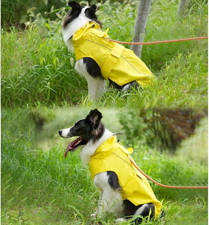 Waterproof Dog Raincoat, Adjustable Lightweight Dog Rain Jacket with Reflective Strip Leash Hole for Small Medium Large Dogs (Yellow, XX-Large(55-77lb))