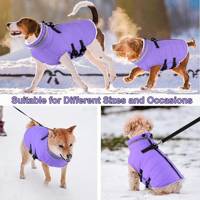 Dogcheer Dog Coat with Harness, Waterproof Dog Jacket Adjustable Winter Coat with Zipper, Christmas Puppy Snow Jacket Fleece Sweater for Small Medium Large Dogs - Taro Purple XL