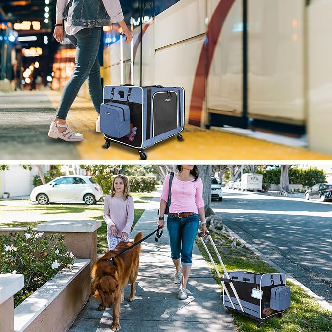 Petskd Extra Large Cat Carrier with Wheels and Litter Box 24"x17"x17" for Large Cat or 2 Small Cats, Collapsible Soft Sided Pet Carrier for Car Travel with Lockable Safety Zippers(Blue)