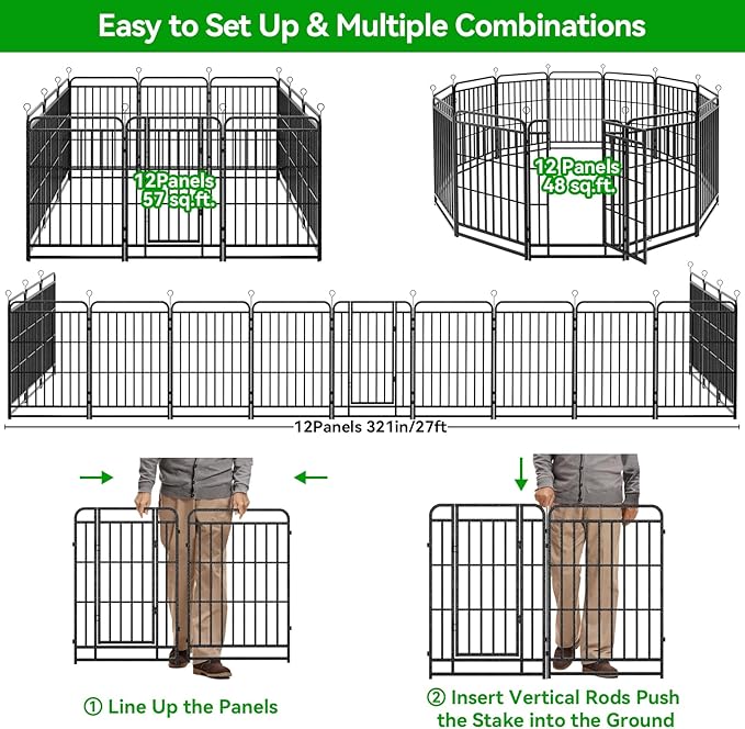 Square Steel Pipe Dog Fence Outdoor 12 Piece Panels 40" Height Anti-Rust Heavy Duty Dog Playpen with Doors Portable for Yard RV Camping, Total 27FT, 57 Sq.ft, Snowy Black